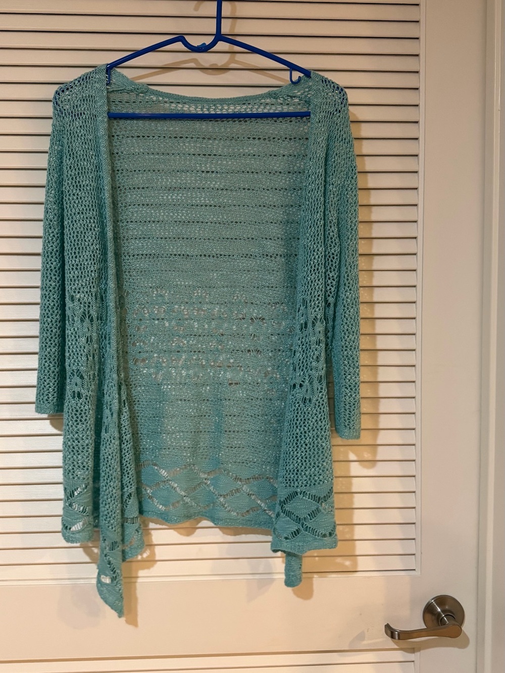 Seafoam Aqua Open Knit Cardigan Waterfall Drape Lace Lightweight Sweater NWOT - Picture 2 of 7